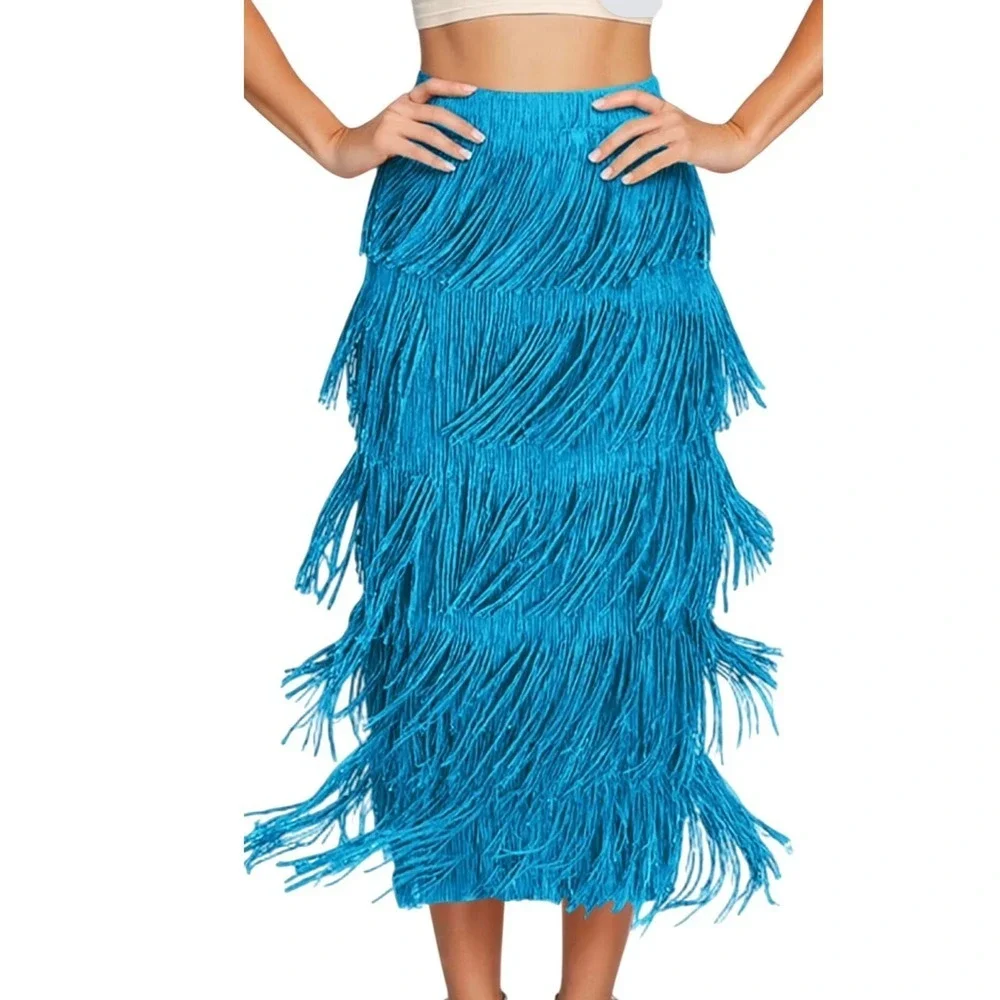 Western Turquoise Layered Fringe Midi Skirt Boho Cowgirl Festival Elastic S‎ M L